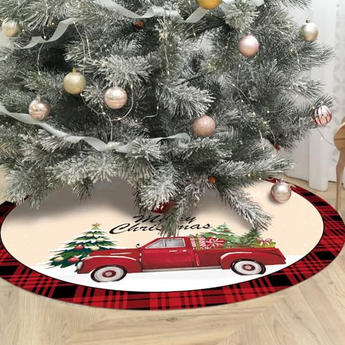 48 Inch Red Truck Christmas Tree Skirt - Holiday Decor for Indoor & Outdoor Use