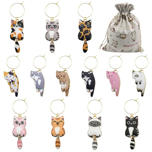 Nuburbur 13 Pcs Cat Wine Glass Charms Set – Kitty Themed Drink Markers for Parties