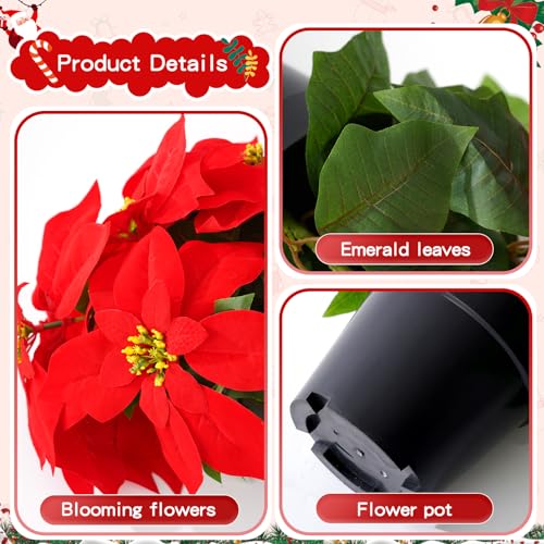1PC Red Poinsettias Artificial Christmas Flowers, 9 Heads, 14 Inch Faux Plant for Holiday Decor