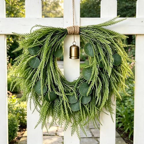 18-Inch Heart-Shaped Wreath with Copper Bell and Greenery, Romantic Decor