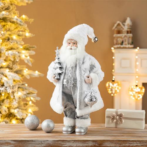 Frosty Santa 18" Figurine with Faux Fur - Glitzhome Traditional Christmas Decor (Snow Silver Coat) — Frosty Santa/18"h
