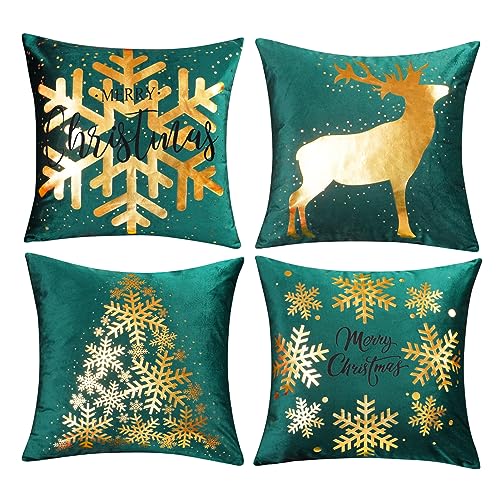 ONWAY Green Christmas Decorations Gold Throw Pillow Covers 18x18 Set of 4 Snowflakes Reindeer Decorative Cushion Cases Xmas Golden Decor for Couch Sofa Bedroom