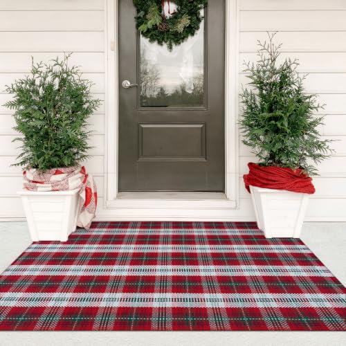 KIMODE Christmas Door Mat Outdoor Red & Green Plaid 3x5 ft Rug - Holiday Decor