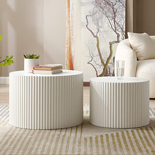 Modern Round Nesting Coffee Table Set of 2, Embossed Wood Drum Side Tables