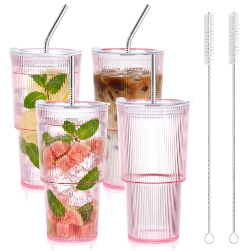 20oz Pink Plastic Ribbed Tumblers Set of 4 with Lids & Straws - Reusable Iced Coffee & Smoothie Cups