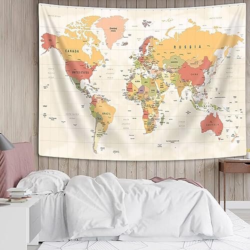 Topographic World Map Tapestry - Beige Fabric Wall Hanging (40x30 in)