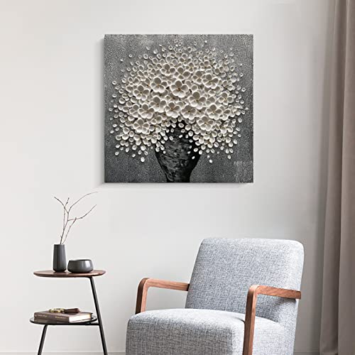 Hand-Painted White Flower Canvas Oil Painting 24x24 Inch Framed Wall Art