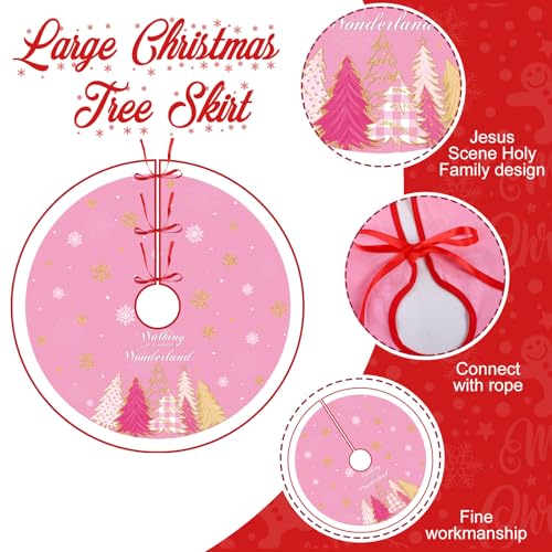48 Inch Pink Christmas Tree Skirt with Snowflake & Christmas Pattern - Holiday Decor