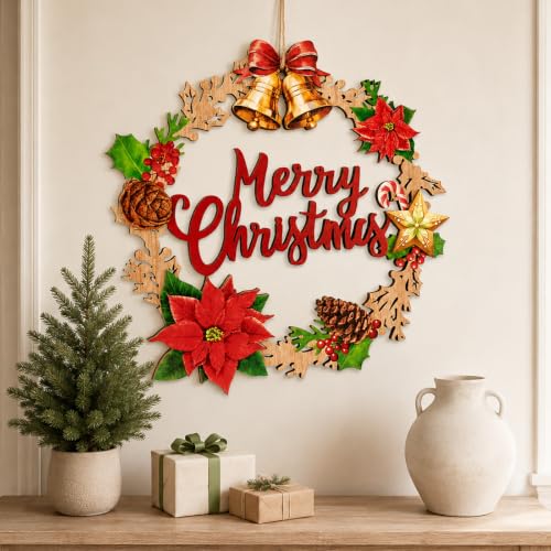 SWEKKE Style7 Christmas Wooden Door Sign - Hanging Wreath Decor with Bells, Poinsettia & Pine Cone