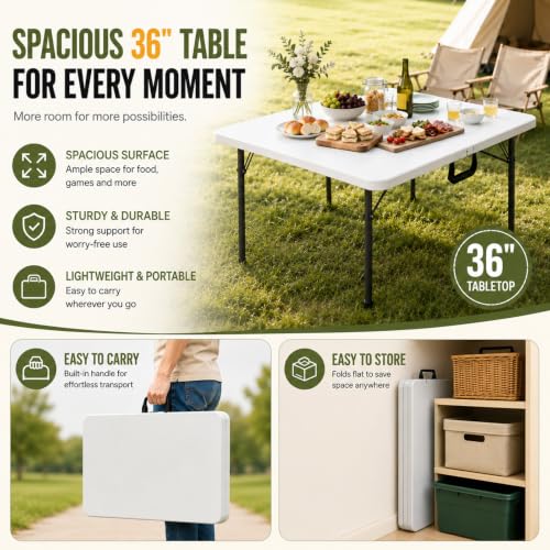 36" Folding Square Table, Portable Camping Picnic Table with Carry Handle
