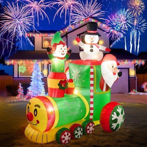 NIORSUN 6FT Inflatable Christmas Train with LED Lights, Santa, Elf & Snowman Yard Decor