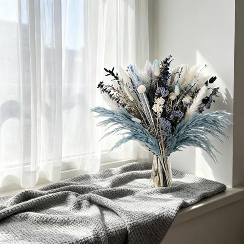 Dusty Blue Pampas Grass Bouquet - 17-Inch Dried Flower Arrangement