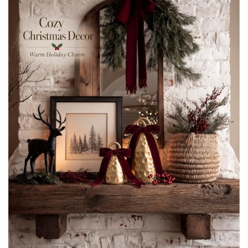 Novabright Gold Cow Bell Christmas Resin Table Bell Set with Red Ribbon, 2 Sizes