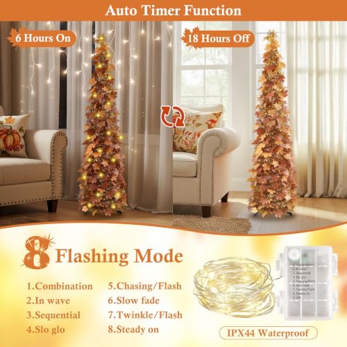 5ft Lighted Fall Pop-Up Tree with 100 LED Lights & Timer, Thanksgiving Decor