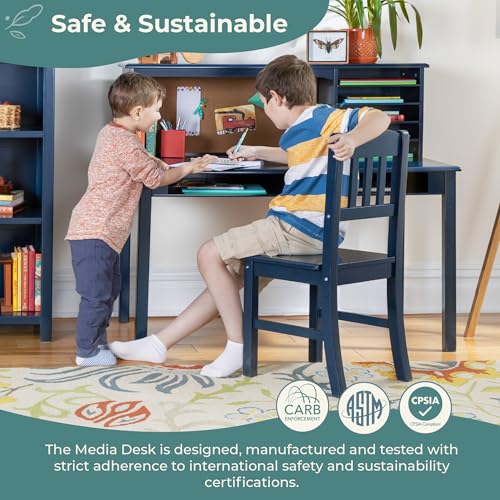 Kids Wooden Desk and Chair Set with Hutch and Storage - Navy
