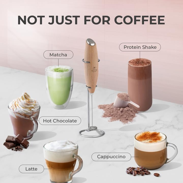 Zulay Kitchen Milk Frother Wand - Ultra Fast Handheld Drink Mixer with 4 AA Batteries | Perfect for Coffee, Lattes, Cappuccino, Matcha & Creamer - Maple