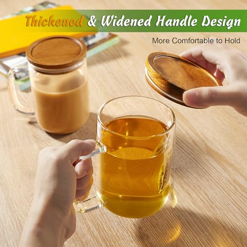 DRASTAR 20 oz Glass Coffee Mug Set with Acacia Wood Lids – Large Handle Tea & Latte Cups, Pack of 2