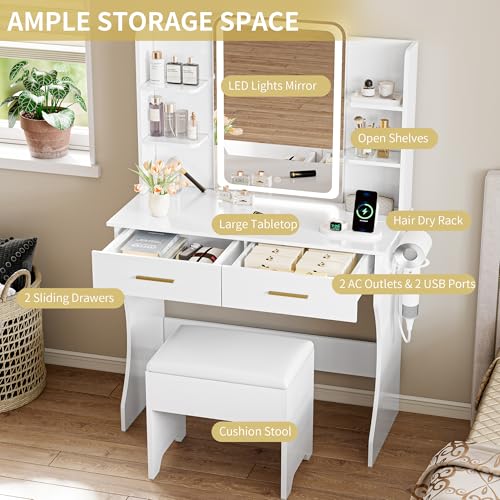 Makeup Vanity Desk with LED Mirror, Power Outlet, RGB Lights & Stool