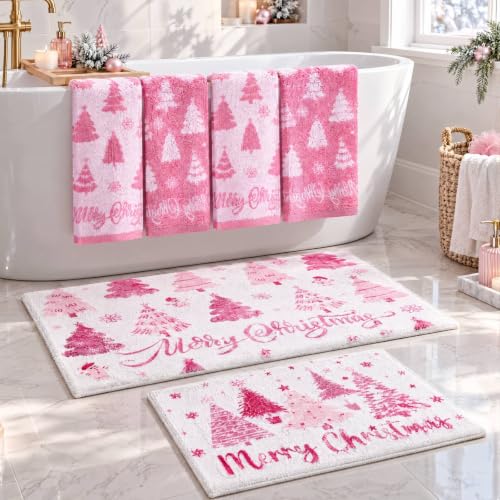 Moukeren Pink Christmas Tree Bathroom Set with Rugs & Hand Towels - Non-Slip, Absorbent Holiday Decor