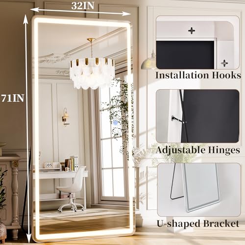 71x32 Inch Full Length LED Mirror, Dimmable Floor Standing & Wall Mounted