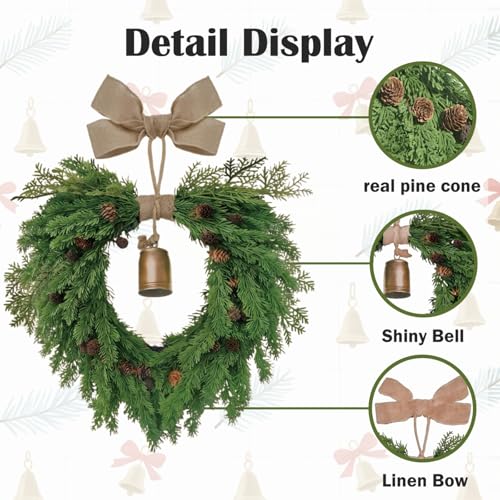 Jauksrola Bell Pinecone 20in Heart-Shaped Christmas Wreath - Front Door, Indoor/Outdoor