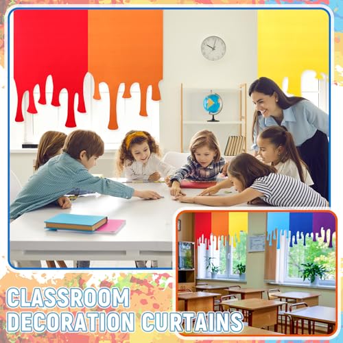 Rainbow Paint Drip Curtains, 7-Piece Colorful Classroom Window Drapes