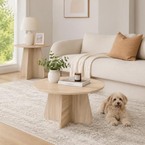 2-Piece Round Nesting Coffee Table Set, Mid-Century Modern Walnut Finish
