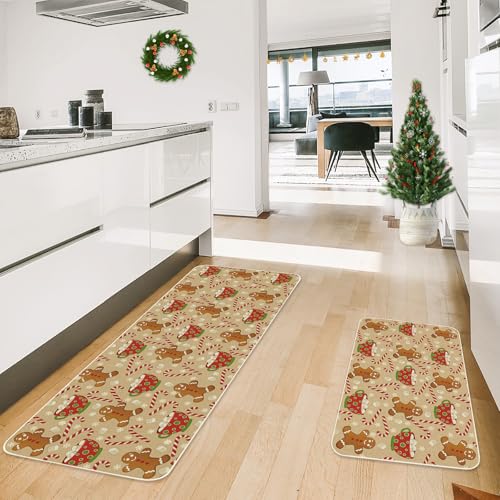 Brown 2-Piece Christmas Kitchen Floor Mats - Gingerbread & Candy Cane, Non-Slip Doormats