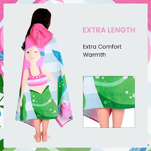 Kids Hooded Beach Towel, 100% Cotton Mermaid Bath Poncho for Ages 3-12