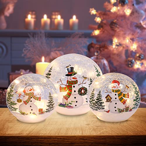 3-Piece LED Lighted Snowman Glass Globes with Timer - Christmas Decor