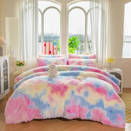 Faux Fur Rainbow Comforter Set for Kids - 3PC Twin/Full