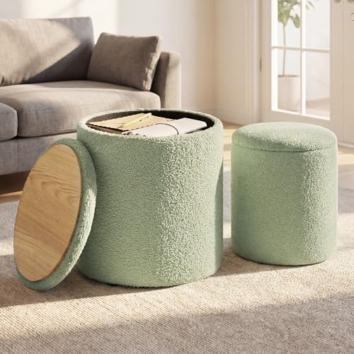 SONGMICS Set of 2 Round Storage Ottomans with Teddy Fleece Upholstery