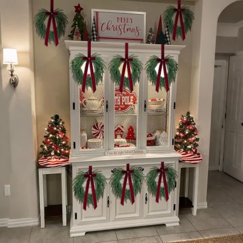 Dingion 8 Pack Mini Christmas Wreaths for Cabinets with Red Berries & Velvet Bow