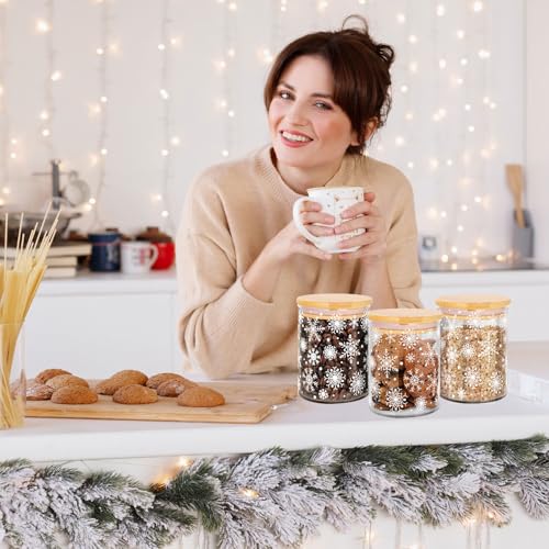 Christmas Snowflake Glass Storage Jars with Airtight Bamboo Lids – 3-Piece Candy & Cookie Canisters