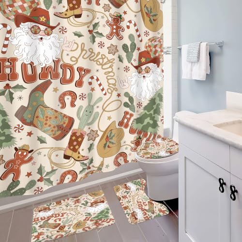 Mitpok Christmas 01 Shower Curtain & Rug Set 72x72 Inches Merry Xmas Western Cowboy Bathroom Decor