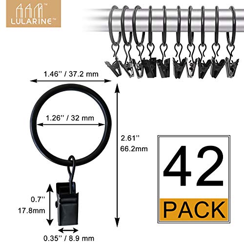 42 Pack Metal Curtain Rings with Clips for 1 Inch Drapery Rods, Black
