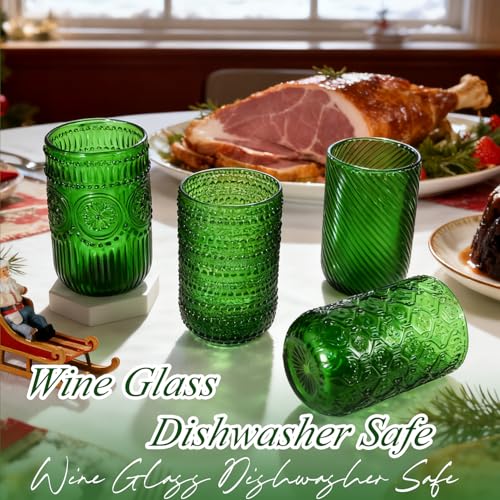 CHLJAR Christmas Green Vintage 14oz Stemless Wine Glasses Set of 6, E-Christmas Green