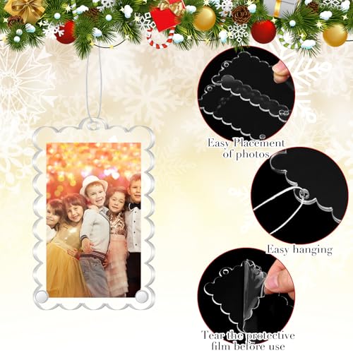 Bucherry 6 Pack Christmas Clear Acrylic Photo Frame Ornaments 2"x 3" Mini Hanging Picture Frame Ornaments Small Wave Scalloped with String for Christmas Tree Photo Decoration Xmas Party