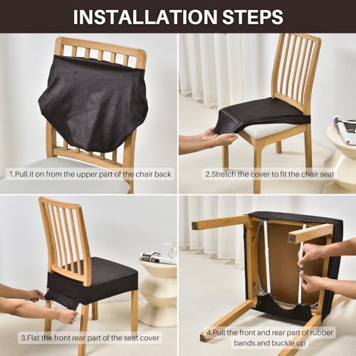 Stretch Dining Chair Seat Covers Set of 6 - Washable Seat Protectors (Beige)