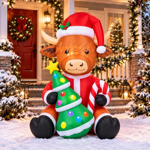 Sosation 5ft Christmas Highland Cow Inflatable with LED Lights - Santa Hat & Tree Variation