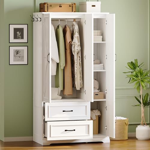 4-Door Wardrobe Closet with Drawers and Shelves, White Bedroom Armoire