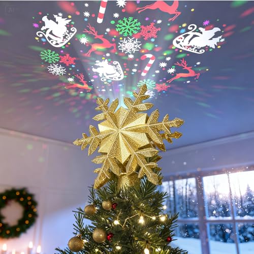 DG-Direct Gold 6-Pattern Rotating Christmas Tree Topper with Snowflake Projection