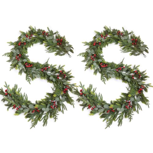 2Pcs 6Ft Real Touch Norfolk Pine Garland with Red Berries – Winter Holiday Decor