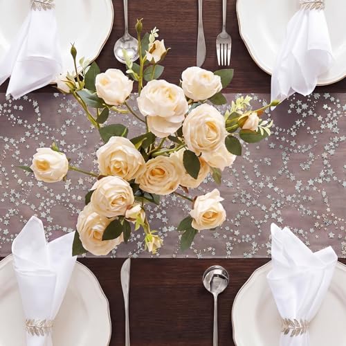 6 Pcs Silver Star Table Runner Set - 11x118in Organza Glitter Chiffon, Shihanee Classic