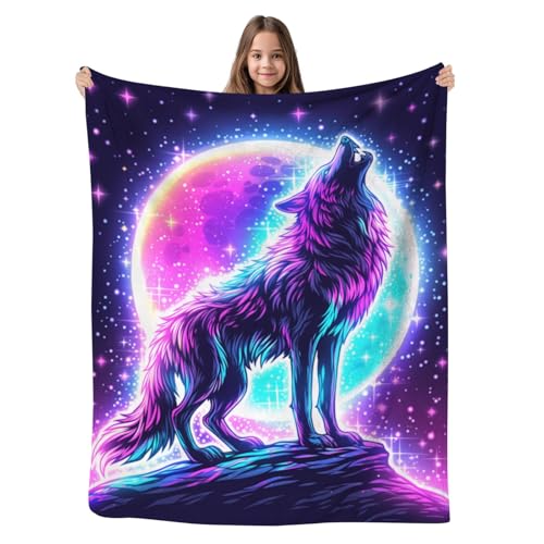 GNEW Galaxy Wolf Moon Blanket 80x60 Inches, Soft Plush Space Wolf Starry Sky Kids Gift