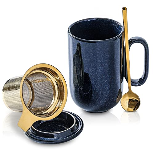 VICRAYS Blue 16 oz Ceramic Tea Mug with Infuser & Lid - Hot Loose Leaf Steeping Cup