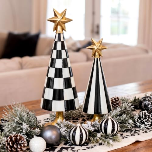 Chumia 2 Sets Christmas Tree Figurines with Stars, Black & White Decor, Size Variations Included