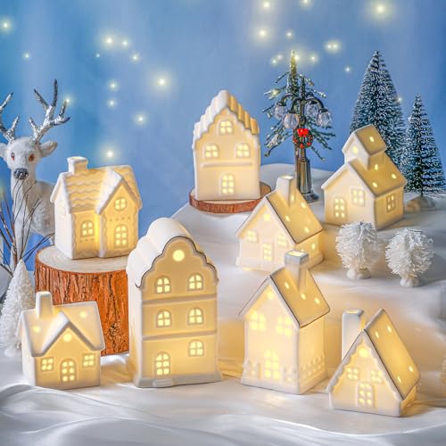 White Ceramic Christmas Village Set with LED Houses, Trees & Lamp Posts