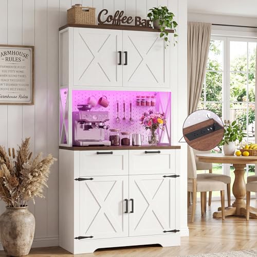 71" Tall Kitchen Pantry Cabinet with Microwave Countertop, Charging Station & LED
