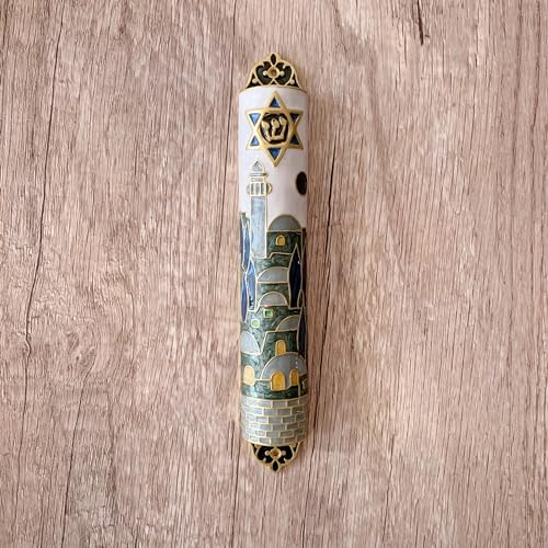 Hand-Painted Enamel Mezuzah Case with Star of David and Jerusalem Motifs